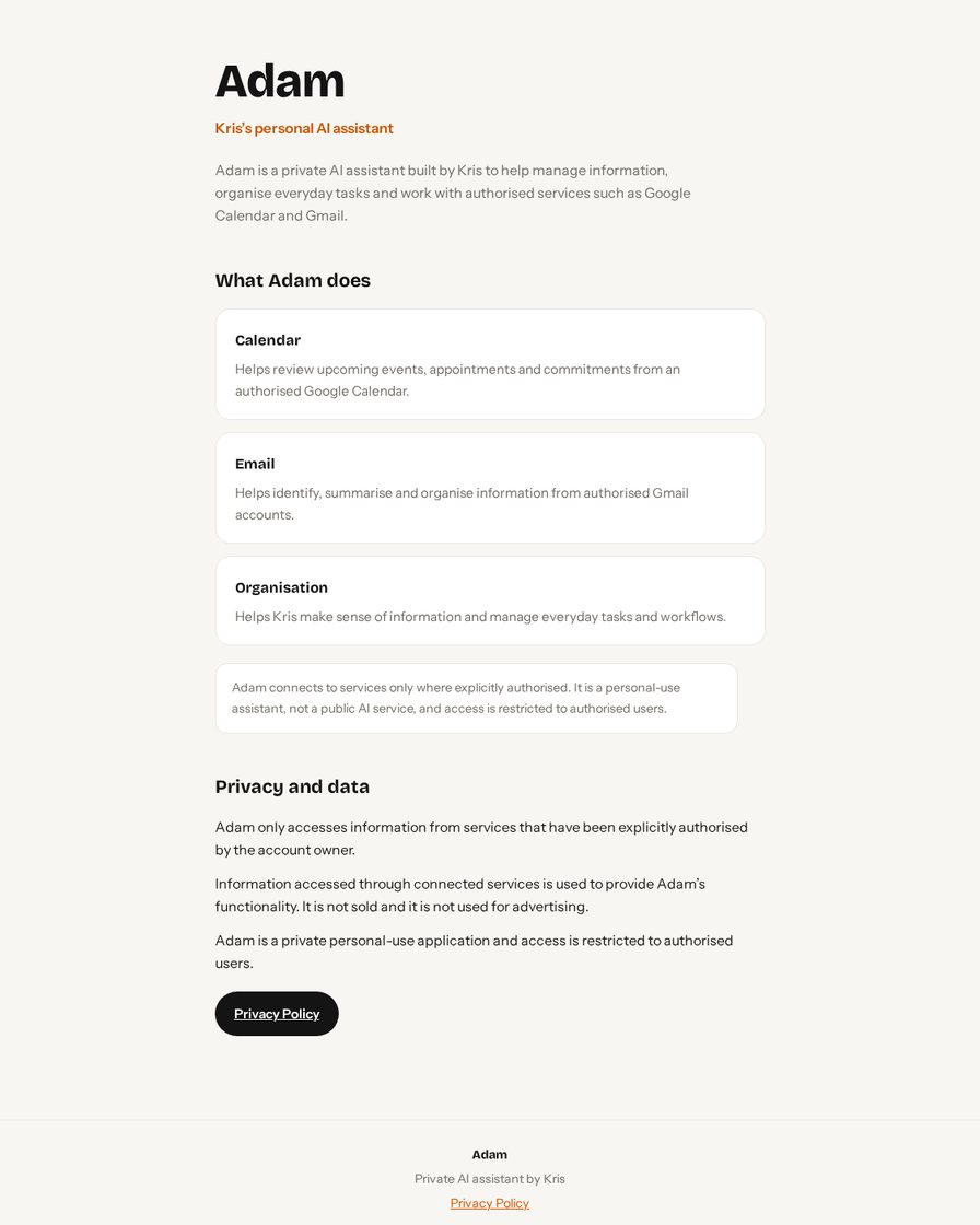 Adam website homepage