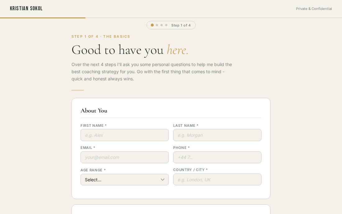 Private client onboarding intake form, step one with pillar selection