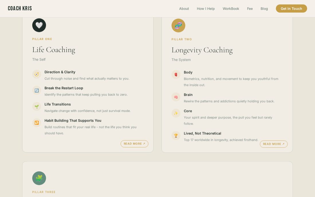 Three pillar cards for Life, Longevity and Business coaching