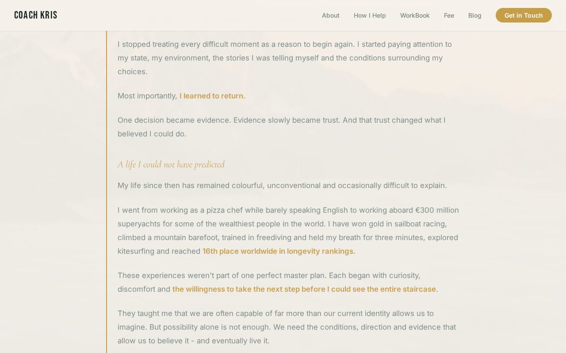 About section with Kris's story and superyacht background