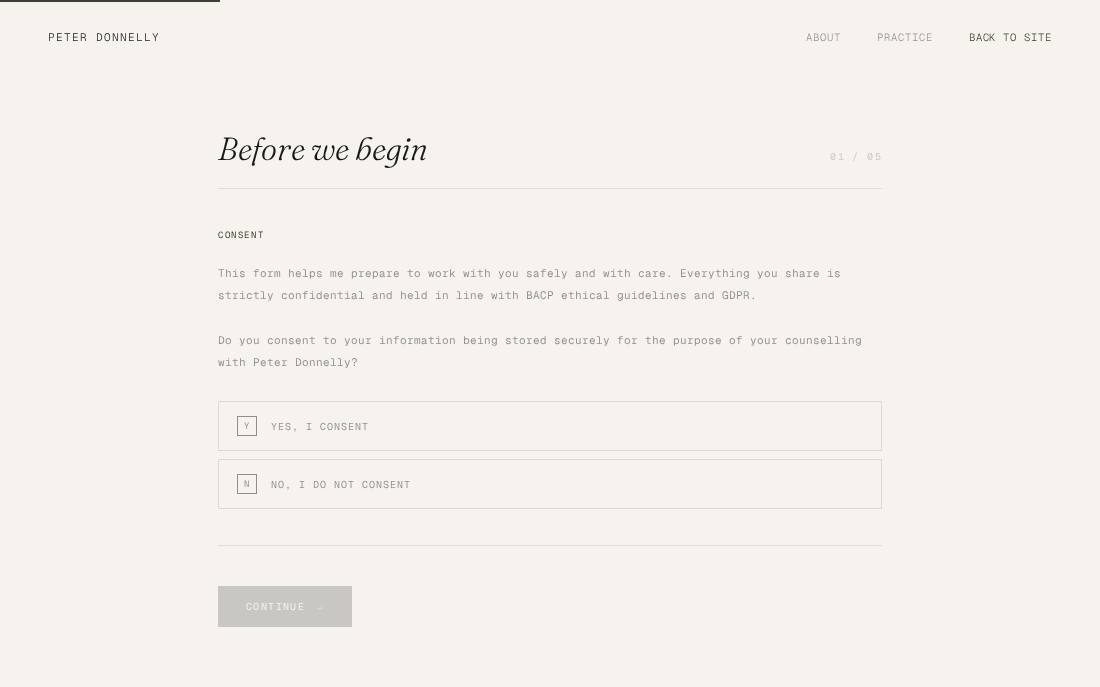 Clinical onboarding intake form, step one with consent and session selection