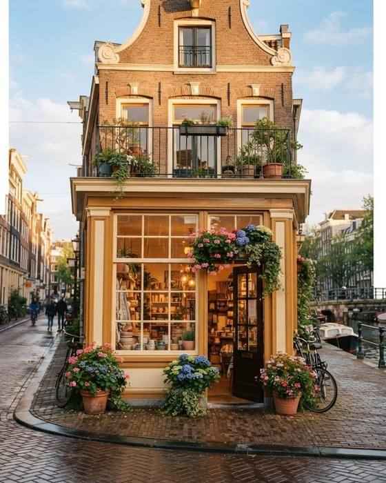 A classical Amsterdam canal-house shopfront with flower boxes, warm light and cobblestone street